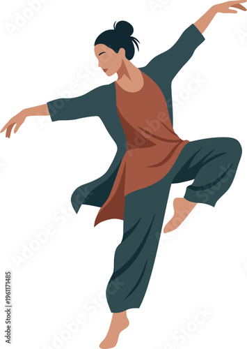 Woman in loose clothing strikes a contemplative dance pose balancing on one.