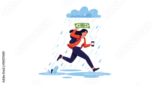 Stressed woman running through puddles in the rain while holding a single dollar bill over her head to keep it dry.
