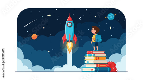 Inspired young school boy stands on top of a tall stack of books looking up at a space rocket launching into the starry night sky.