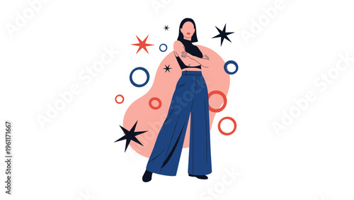 Confident young woman in a black crop top and wide blue trousers poses against an abstract background of stars and colorful circles.