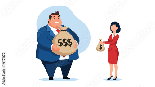 Wealthy businessman holding a massive money bag stands next to a woman holding a much smaller bag to illustrate the gender pay gap.