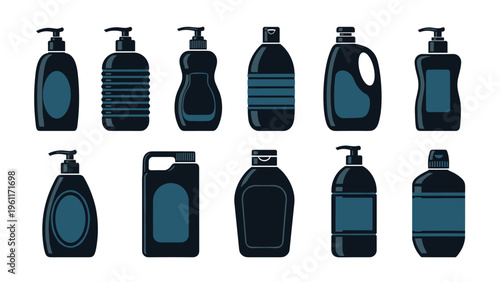 Comprehensive collection of various household cleaning and personal care product bottles displayed in a dark blue silhouette style.
