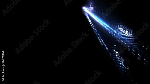 digital glowing data stream and transformation on an upward trend - innovation, future technology, data visualization, growth, production, business, AI, data processing, finance, streaming, blue