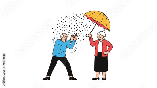 Elderly woman holds a bright yellow umbrella over herself during a rainstorm without sharing it with the senior man standing next to her.