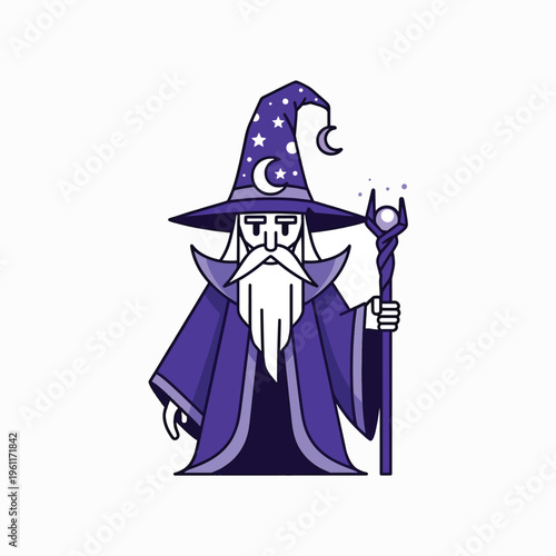 Cartoon wizard with magic staff and hat.