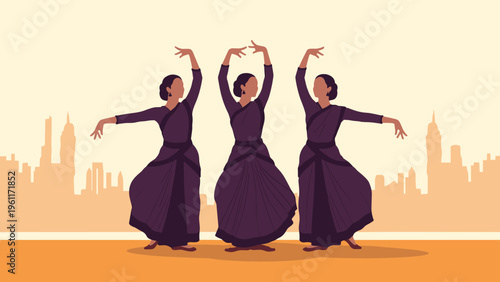 Three beautiful women in traditional Indian attire perform a graceful classical dance together against a silhouetted urban city skyline.