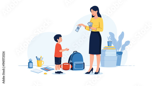 Caring mother gives pocket money to her young son who is ready for school with a backpack, football, and various study supplies.