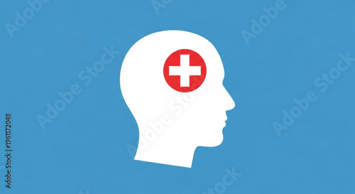 Medical symbol on a human head profile with a blue background representing healthcare and wellness concept