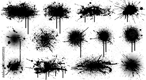 Inkblots grunge set with black splatters and drips on white background featuring artistic effects, creative resources, design elements with abstract