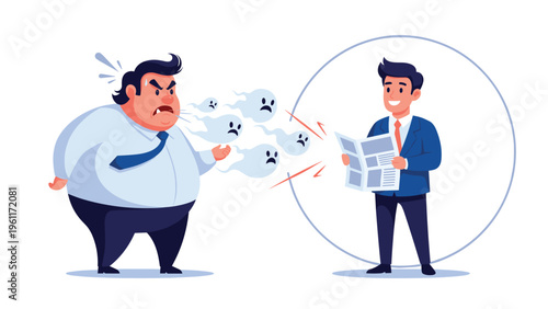 Calm businessman protected by a transparent shield remains composed while his angry boss shouts negative energy and ghosts at him.