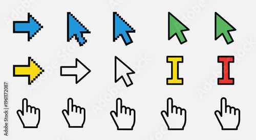 Collection of Various Pixelated Mouse Cursors and Text Input Symbols on isolated white background