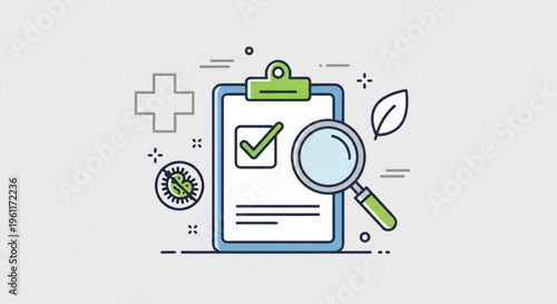 Medical checklist with magnifying glass green checkmark and healthy symbols on clipboard