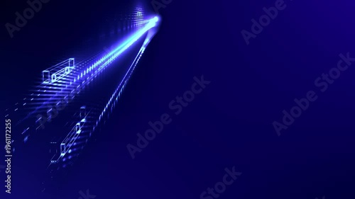 digital glowing data stream and transformation on an upward trend - innovation, future technology, data visualization, growth, production, business, AI, data processing, finance, streaming, blue