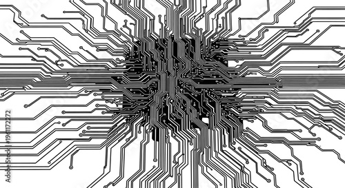 Detailed Black and White Circuit Board Design with Central Processing Unit Layout on Isolated White Background
