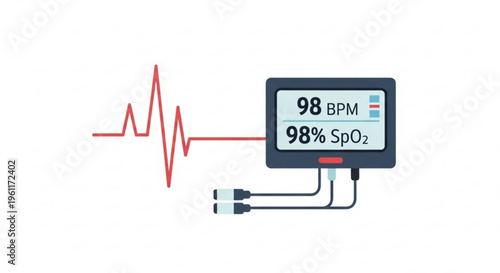 Medical device displaying vital signs with pulse rate and oxygen saturation levels on screen with red ecg line