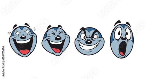 Set of Funny Cartoon Faces Expressing Various Emotions Including Laughing Angry and Surprised on Isolated White Background