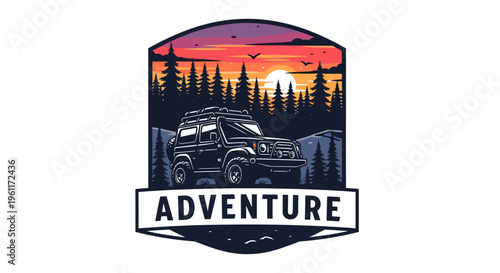 Off-road adventure vehicle in a forest landscape at sunset.