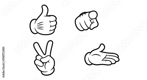 Cartoon Hands Showing Thumbs Up Pointing and Peace Sign Gestures on Isolated White Background