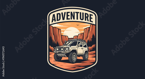 Off road adventure vehicle driving through desert canyon landscape.