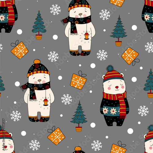 Adorable seamless winter pattern featuring cute bears in scarves and hats, Christmas trees, snowflakes, and gift boxes on a grey background. Perfect for holiday textiles, wrapping paper, kids products