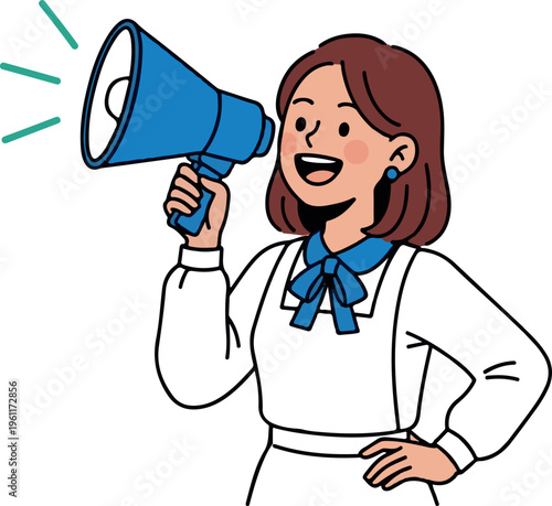 Woman speaking through a blue megaphone loudly