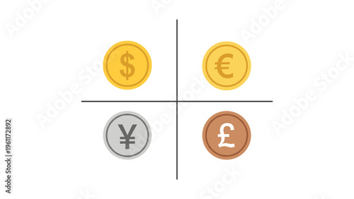Four global currencies displayed in a quadrant layout