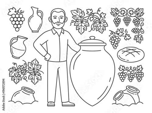 Georgian Winemaker with Qvevri Vineyard Line Art Bundle
