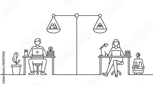 Work life balance illustration showing office work and personal life harmony in minimal line art style