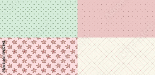 Charming set of four seamless patterns delicate polka dots, sweet cherry blossoms, and subtle geometric grids. Soft pastel colors create versatile backgrounds and decorative designs