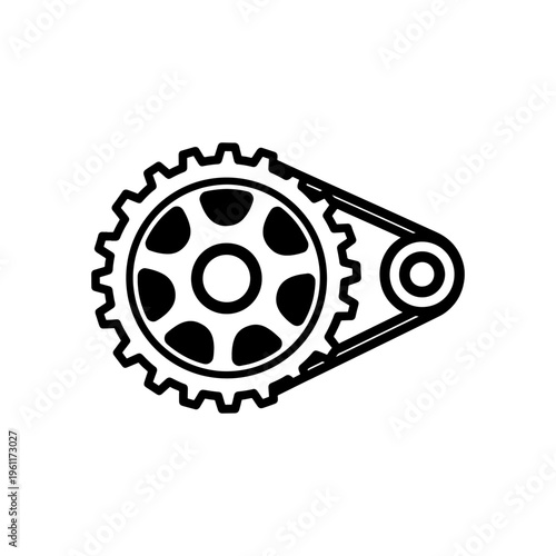 A detailed illustration of mechanical gears and a drive belt presented as a striking silhouette