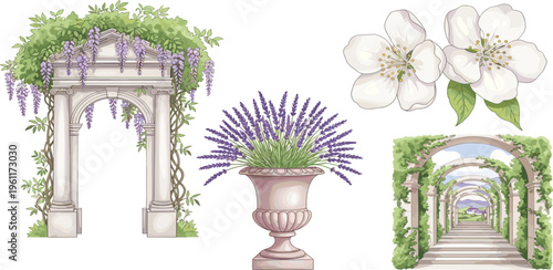 A collection of floral garden elements including a stone archway, a vase of lavender, and an ivy-covered walkway with arches