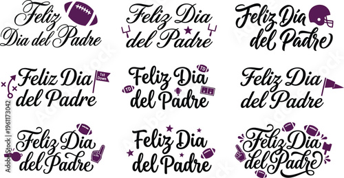 Feliz Dia del Padre Spanish Father's Day typography, American football sports theme lettering set, 9 purple vector calligraphy designs for dad