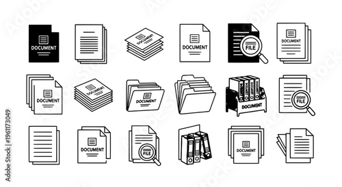 Documents line icon set with file and paper graphics, including organized stacks and folders with magnifying glass for search.
