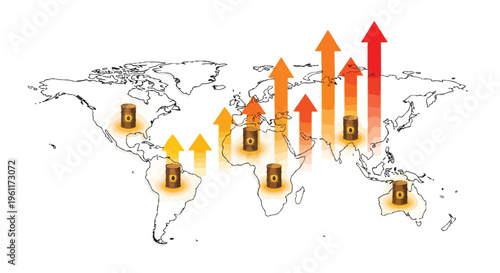 Flat 2D illustration of a world map with colored arrows indicating a surge in oil price and energy crisis across various regions