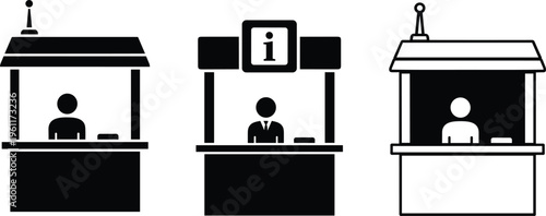 Information Desk Icon Set, Information Booth Vector Illustration, Customer Service Counter Silhouettes, Kiosk and Reception Desk Isolated on White Background