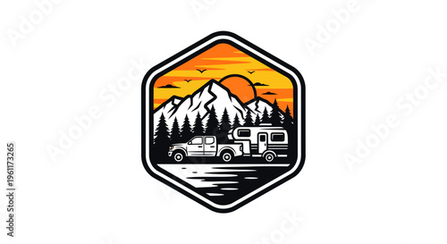 Pickup Truck with Camper Trailer in Mountain Landscape Sunset.