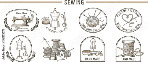 Collection of Artistic Hand Drawn Tailoring and Sewing Tools Vector Emblems, Ideal for Craft Business Logos and Vintage Handmade Projects