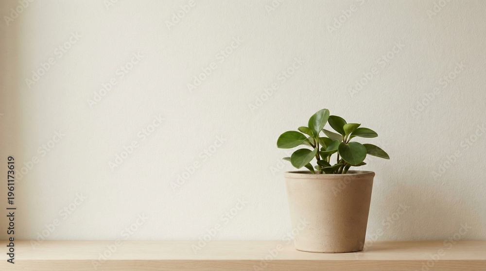 Fototapeta premium Minimalist still life of a single fresh green leaf branch in a small terracotta pot with shadow on textured background