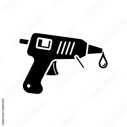 A minimalistic black silhouette depicts a hot glue gun with a dripping glue effect silhouette