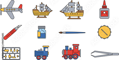Model Building Hobby Tools and Miniature Set with Airplane Ships Glue Paint Brush Cutter Train and Craft Supplies Vector Illustration