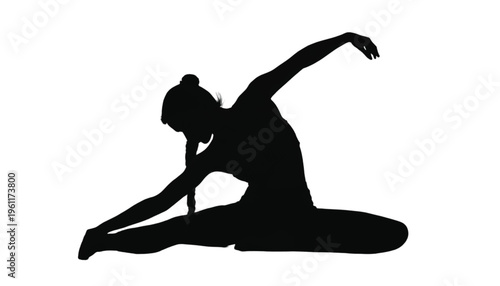 Woman performing a seated side bend stretch in a yoga pose silhouette against white.