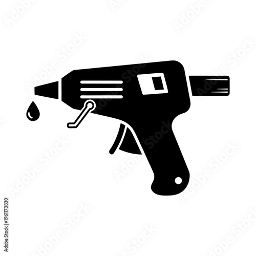 A detailed black graphic representation of a hot glue gun with a dripping glue drop silhouette