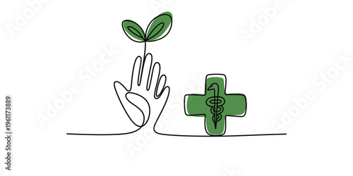 One line drawing of a hand holding a green sprout next to a medical cross symbol with a snake