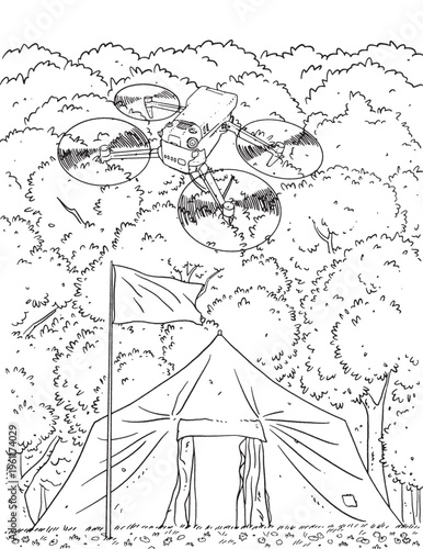 Drone taking off. Military tent and flag under forest. Coloring page