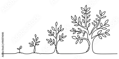 Continuous line drawing showing the growth stages of a tree from a small sprout to maturity