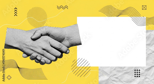 Business Partnership and Agreement Symbolized by a Handshake Over a Yellow and White Abstract Background with Geometric Shapes