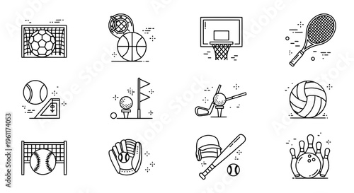Sports icons set with soccer ball, basketball, tennis racket, and more, illustrated in black line art with dynamic motion effects.