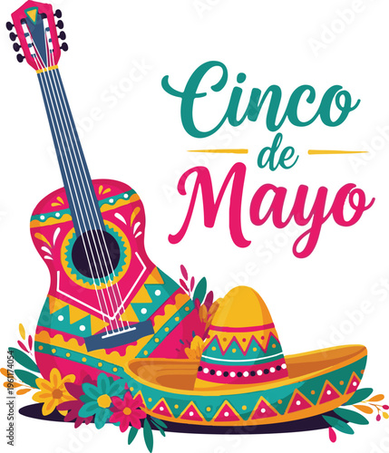 Vibrant cinco de mayo celebration with guitar and sombrero