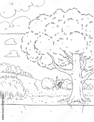 Rural landscape. Tree near water, country, cloudy sky. Coloring page