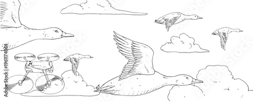 Drone in sky. Flock of ducks and fluffy clouds in sky. Coloring page